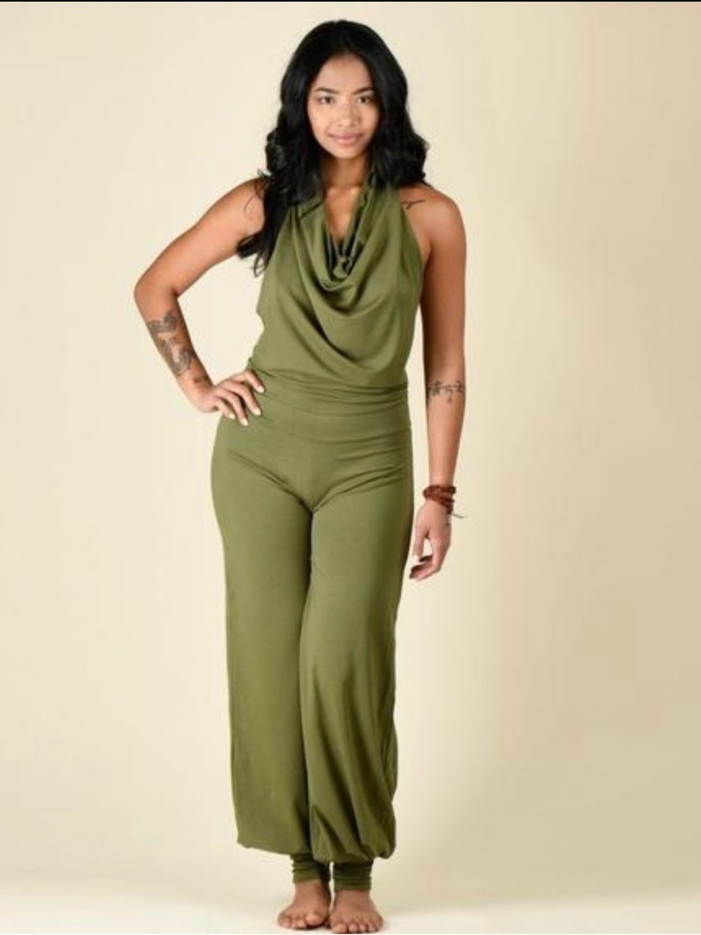 Aria Lattner Olive Green Bamboo Cowl Neck Halter Jumpsuit | made in Austin, TX